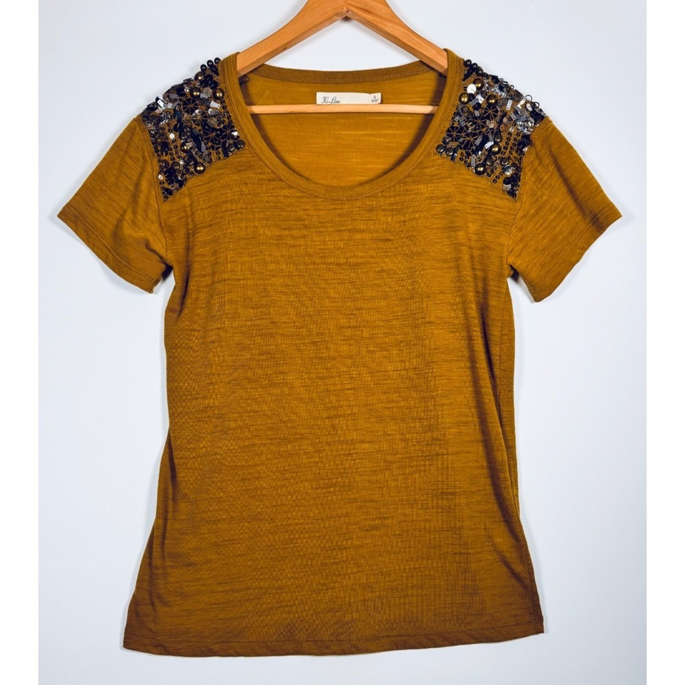 Hi Line Top Small Mustard Brown Embellished Shoulder Short‎ Sleeve Knit Shirt